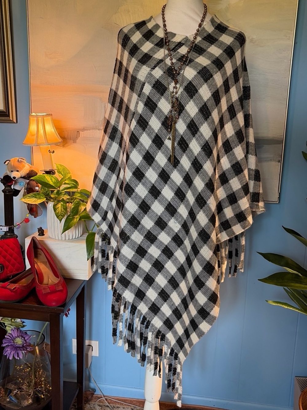 Classic Black & White Plaid Fringe Poncho Sweater - Women